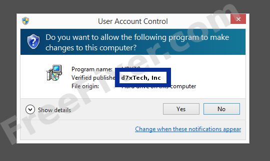 Screenshot where d7xTech, Inc appears as the verified publisher in the UAC dialog